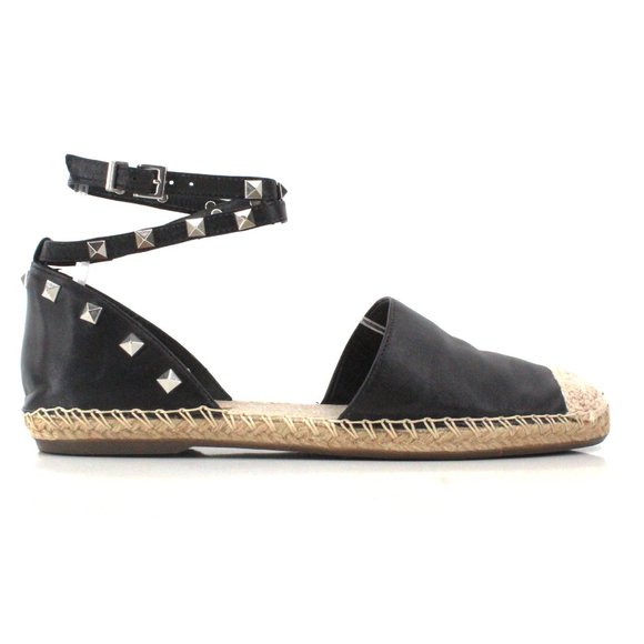 Schutz Koralina Black Leather Studded Espadrille Flats Ankle Wrap Straps SZ 8 - Picture 9 of 11